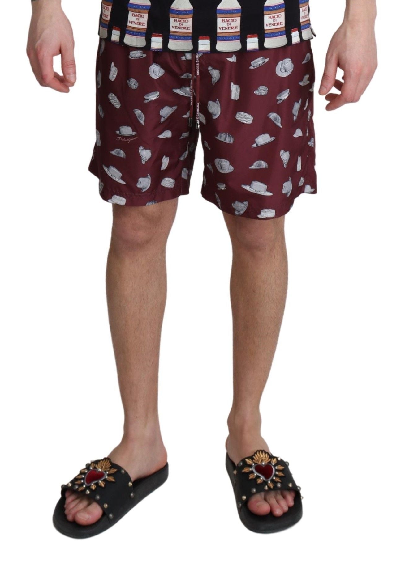 Dolce &amp; Gabbana Maroon Hats Print Beachwear Shorts Swimwear