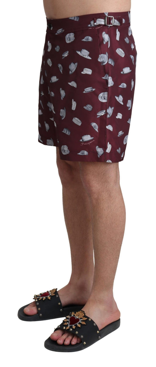 Dolce &amp; Gabbana Maroon Hats Print Beachwear Shorts Swimwear