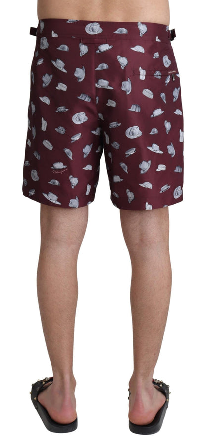 Dolce &amp; Gabbana Maroon Hats Print Beachwear Shorts Swimwear