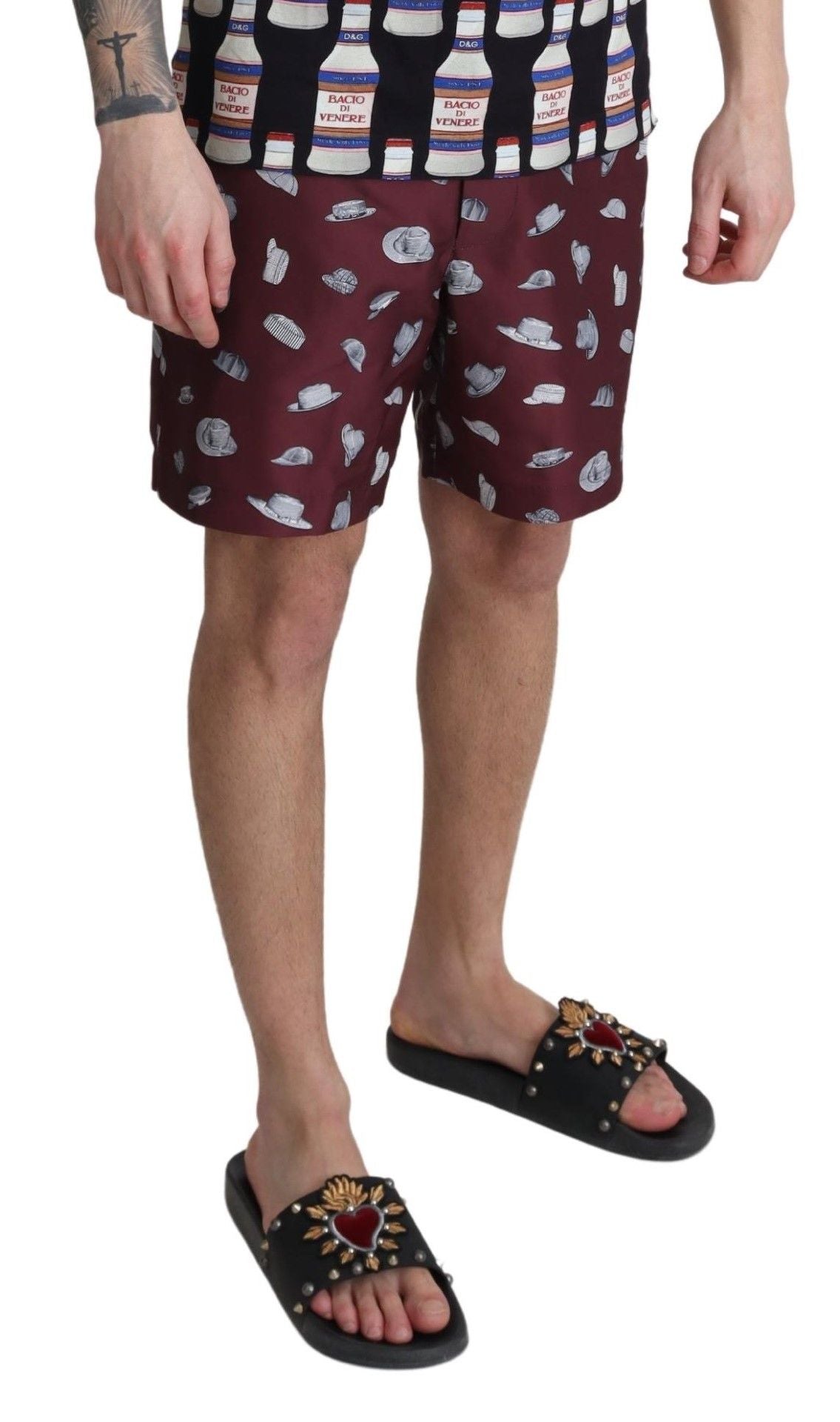 Dolce &amp; Gabbana Maroon Hats Print Beachwear Shorts Swimwear