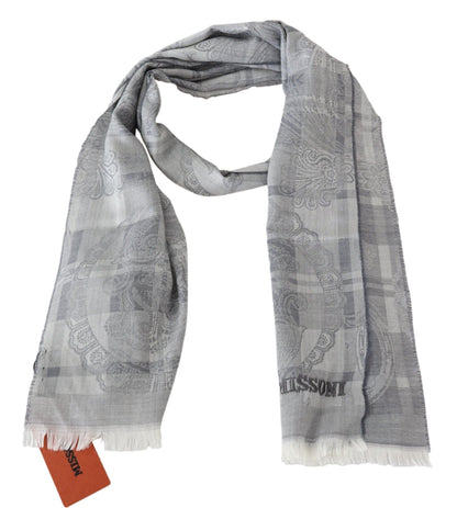 Missoni Grauer Unisex-Halswickelschal aus Wolle mit Blumenmuster und Fransen