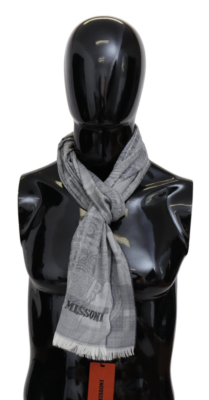 Missoni Grauer Unisex-Halswickelschal aus Wolle mit Blumenmuster und Fransen