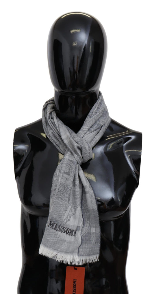 Missoni Grauer Unisex-Halswickelschal aus Wolle mit Blumenmuster und Fransen