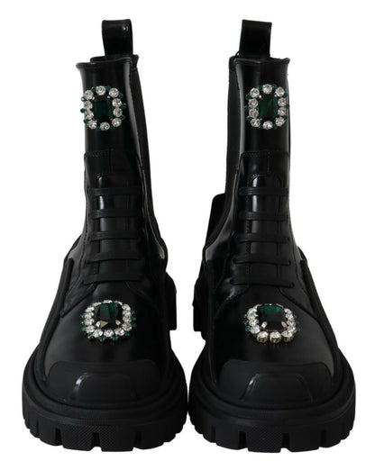 Dolce &amp; Gabbana – Schwarze Kampfstiefel aus Leder mit Kristallen
