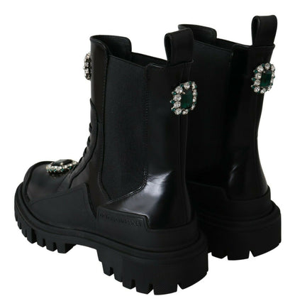 Dolce &amp; Gabbana – Schwarze Kampfstiefel aus Leder mit Kristallen