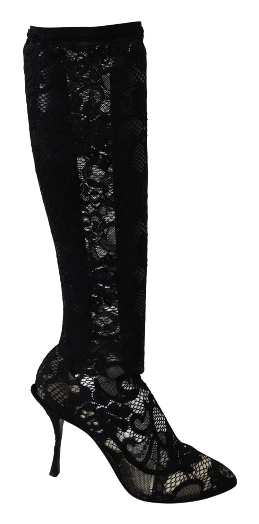 Dolce &amp; Gabbana Schwarze Taormina Spitzensocken Stiefel Schuhe Pumps