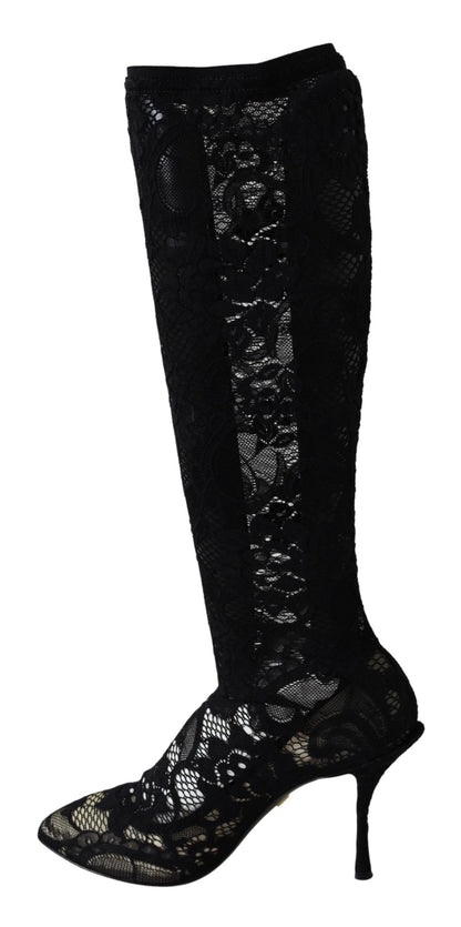 Dolce &amp; Gabbana Schwarze Taormina Spitzensocken Stiefel Schuhe Pumps