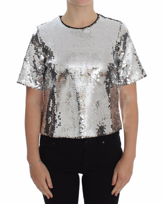 Dolce &amp; Gabbana – T-Shirt-Oberteil mit Rundhalsausschnitt und silbernen Pailletten