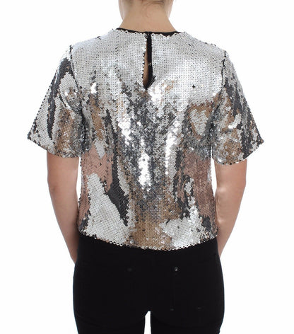 Dolce &amp; Gabbana – T-Shirt-Oberteil mit Rundhalsausschnitt und silbernen Pailletten