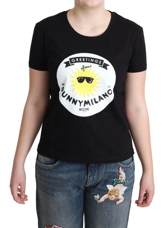 Moschino – Schwarzes Baumwoll-T-Shirt mit Sunny Milano-Print