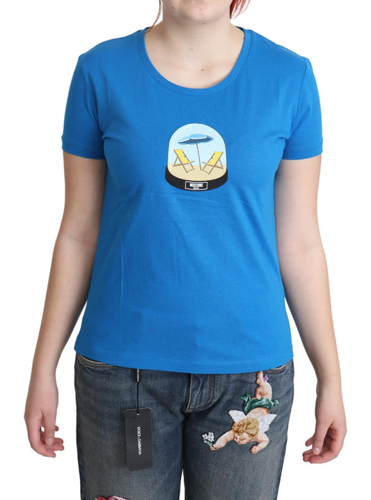 Moschino – Blaues, bedrucktes T-Shirt aus Baumwolle mit kurzen Ärmeln