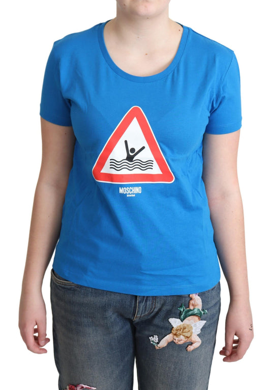 Moschino – Blaues T-Shirt aus Baumwolle mit grafischem Dreieck