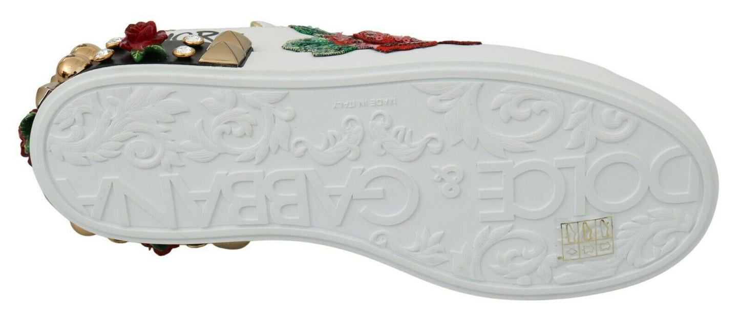 Dolce &amp; Gabbana Weiße Rosen Pailletten Kristall Damen Sneakers Schuhe