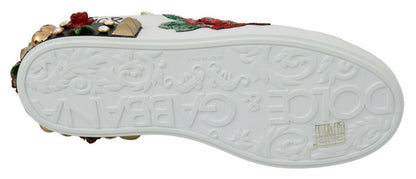 Dolce &amp; Gabbana Weiße Rosen Pailletten Kristall Damen Sneakers Schuhe