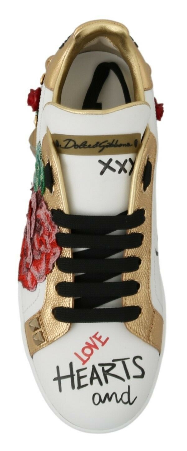 Dolce &amp; Gabbana Weiße Rosen Pailletten Kristall Damen Sneakers Schuhe