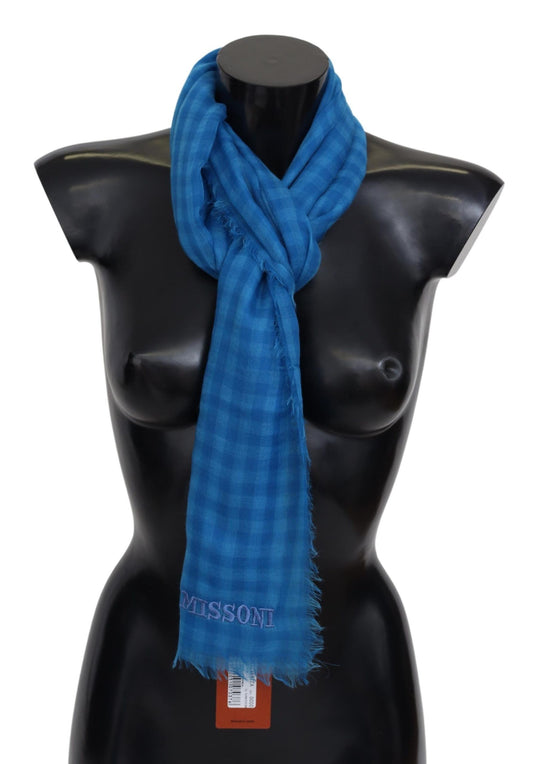 Missoni Blau karierter Unisex-Wickelschal aus Kaschmir mit Fransen