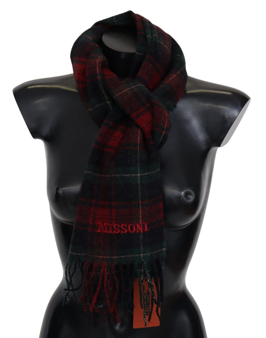 Missoni Schwarz-Rot karierter Unisex-Halswickelschal aus Wolle mit Fransen