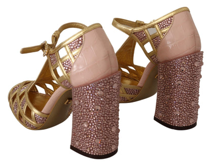 Dolce &amp; Gabbana – Pumps aus rosagoldenem Leder mit Kristallen und T-Riemen