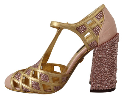 Dolce &amp; Gabbana – Pumps aus rosagoldenem Leder mit Kristallen und T-Riemen