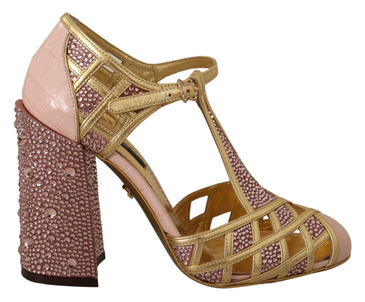 Dolce &amp; Gabbana – Pumps aus rosagoldenem Leder mit Kristallen und T-Riemen