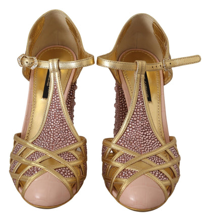 Dolce &amp; Gabbana – Pumps aus rosagoldenem Leder mit Kristallen und T-Riemen