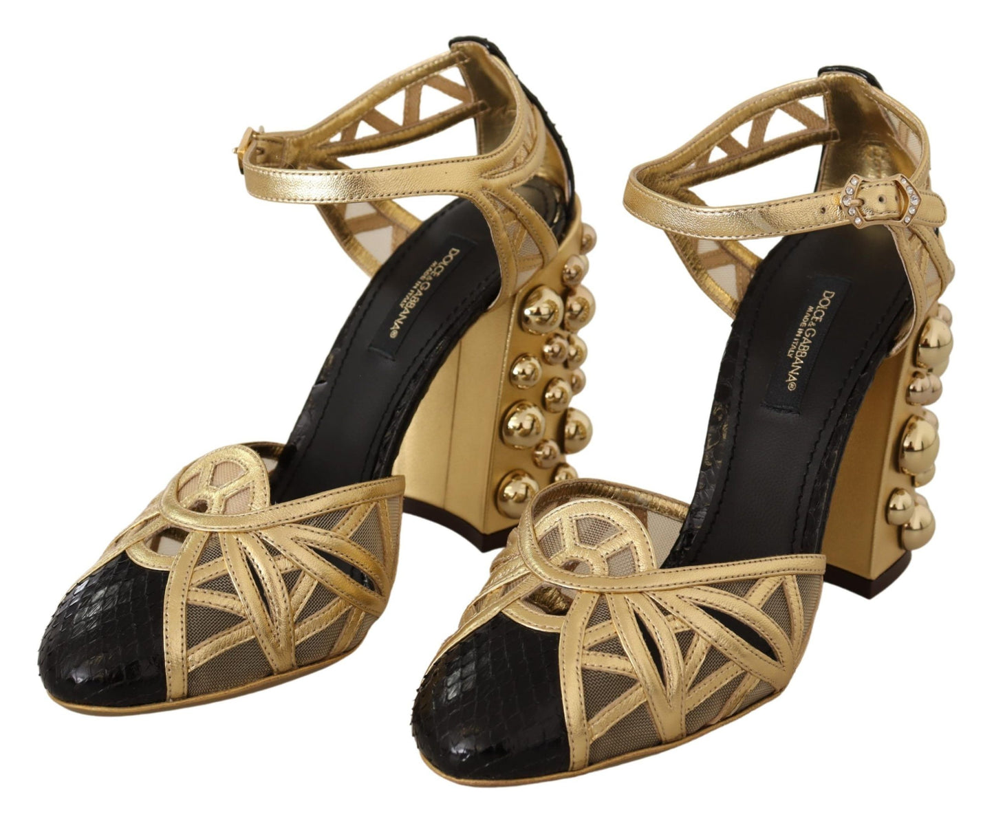 Dolce &amp; Gabbana – Schwarze, goldene Lederschuhe mit Knöchelriemen und Nieten