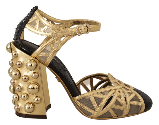 Dolce &amp; Gabbana – Schwarze, goldene Lederschuhe mit Knöchelriemen und Nieten