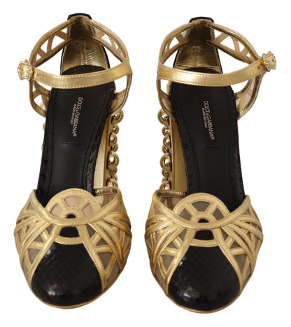 Dolce &amp; Gabbana – Schwarze, goldene Lederschuhe mit Knöchelriemen und Nieten