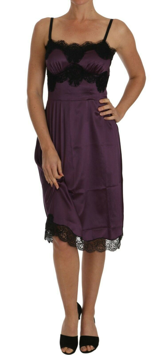 Dolce &amp; Gabbana Lila Seidenstretch Schwarze Spitze A-Linien-Kleid