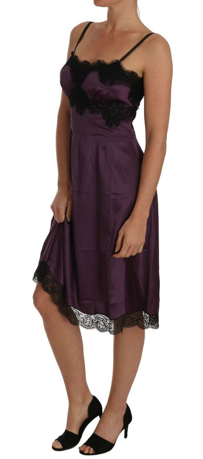 Dolce &amp; Gabbana Lila Seidenstretch Schwarze Spitze A-Linien-Kleid