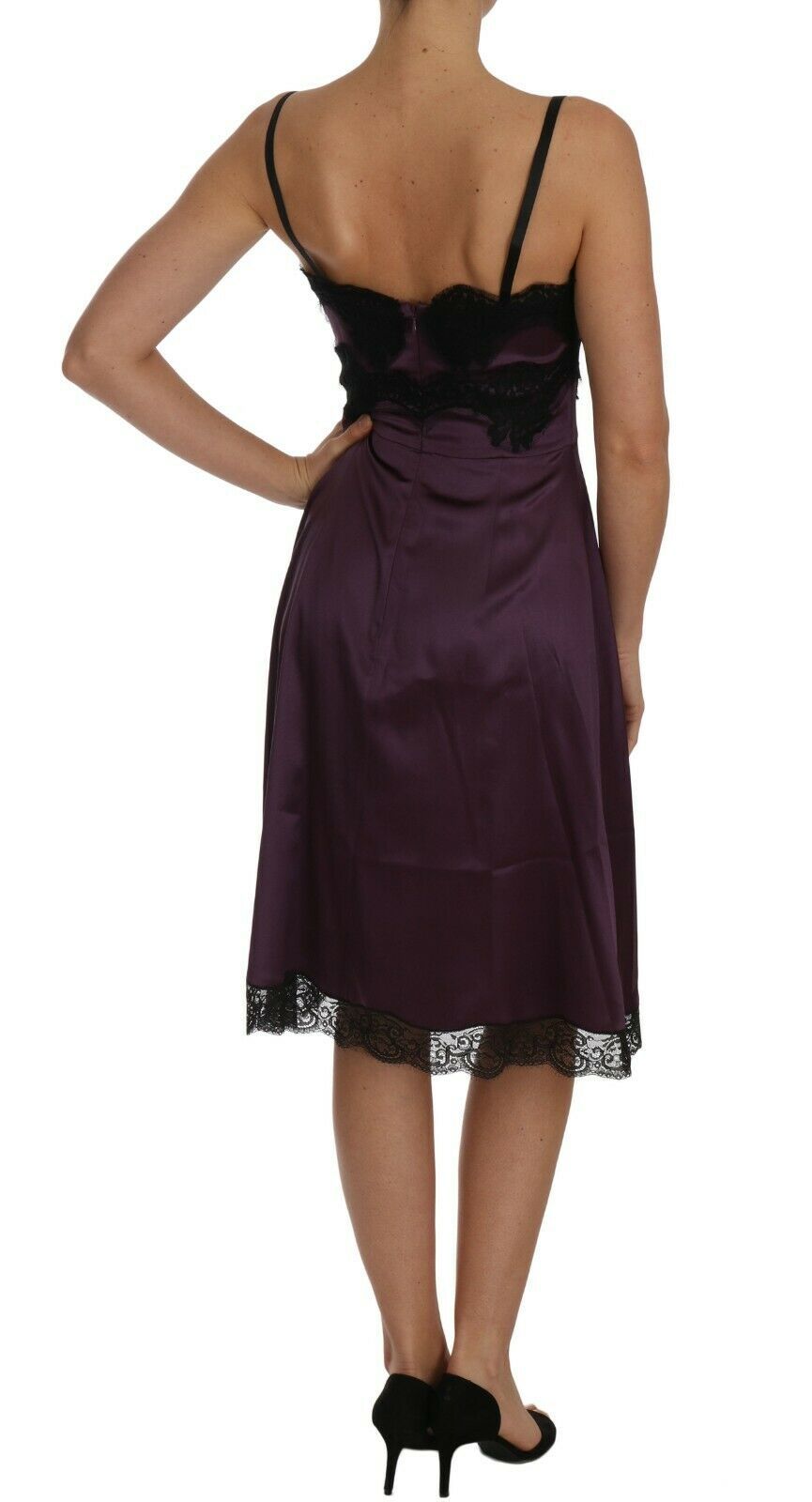 Dolce &amp; Gabbana Lila Seidenstretch Schwarze Spitze A-Linien-Kleid