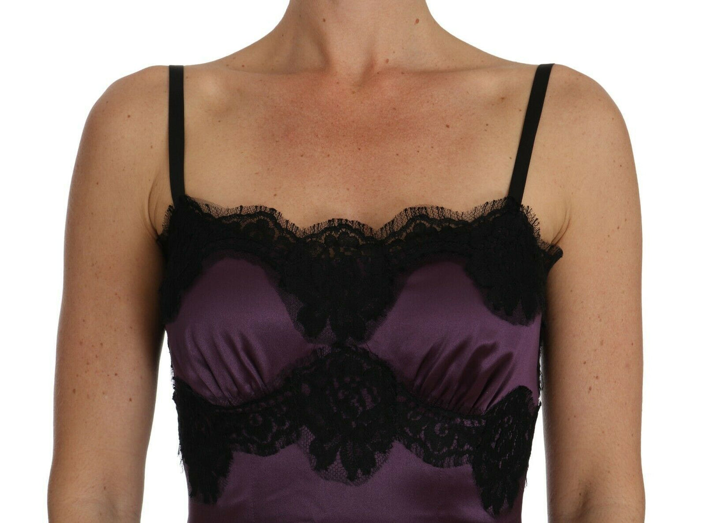 Dolce &amp; Gabbana Lila Seidenstretch Schwarze Spitze A-Linien-Kleid