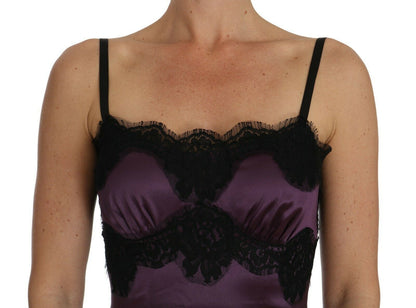Dolce &amp; Gabbana Lila Seidenstretch Schwarze Spitze A-Linien-Kleid
