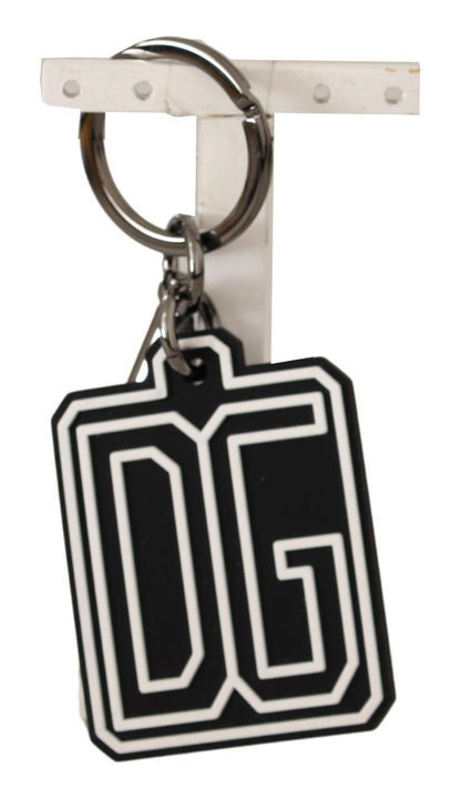 Dolce &amp; Gabbana Black White DG Rubber Logo Silver Ring Keychain