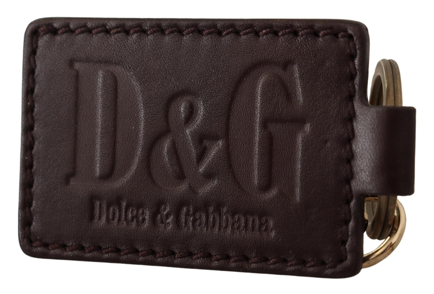 Dolce &amp; Gabbana Brown Leather Logo Metal Ring Hook Keychain