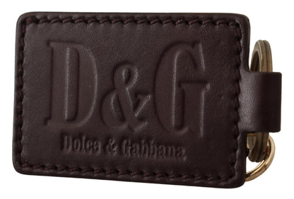 Dolce &amp; Gabbana Brown Leather Logo Metal Ring Hook Keychain