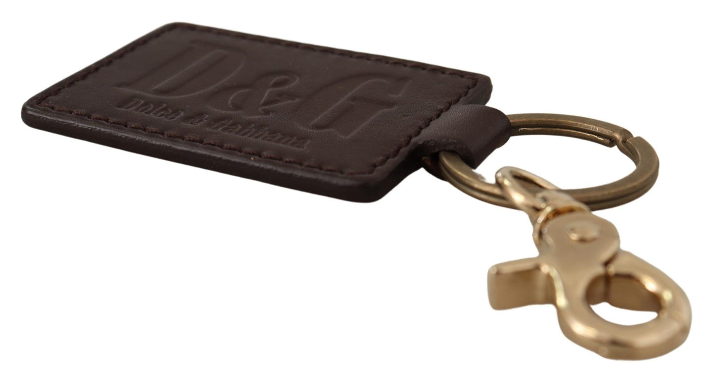 Dolce &amp; Gabbana Brown Leather Logo Metal Ring Hook Keychain