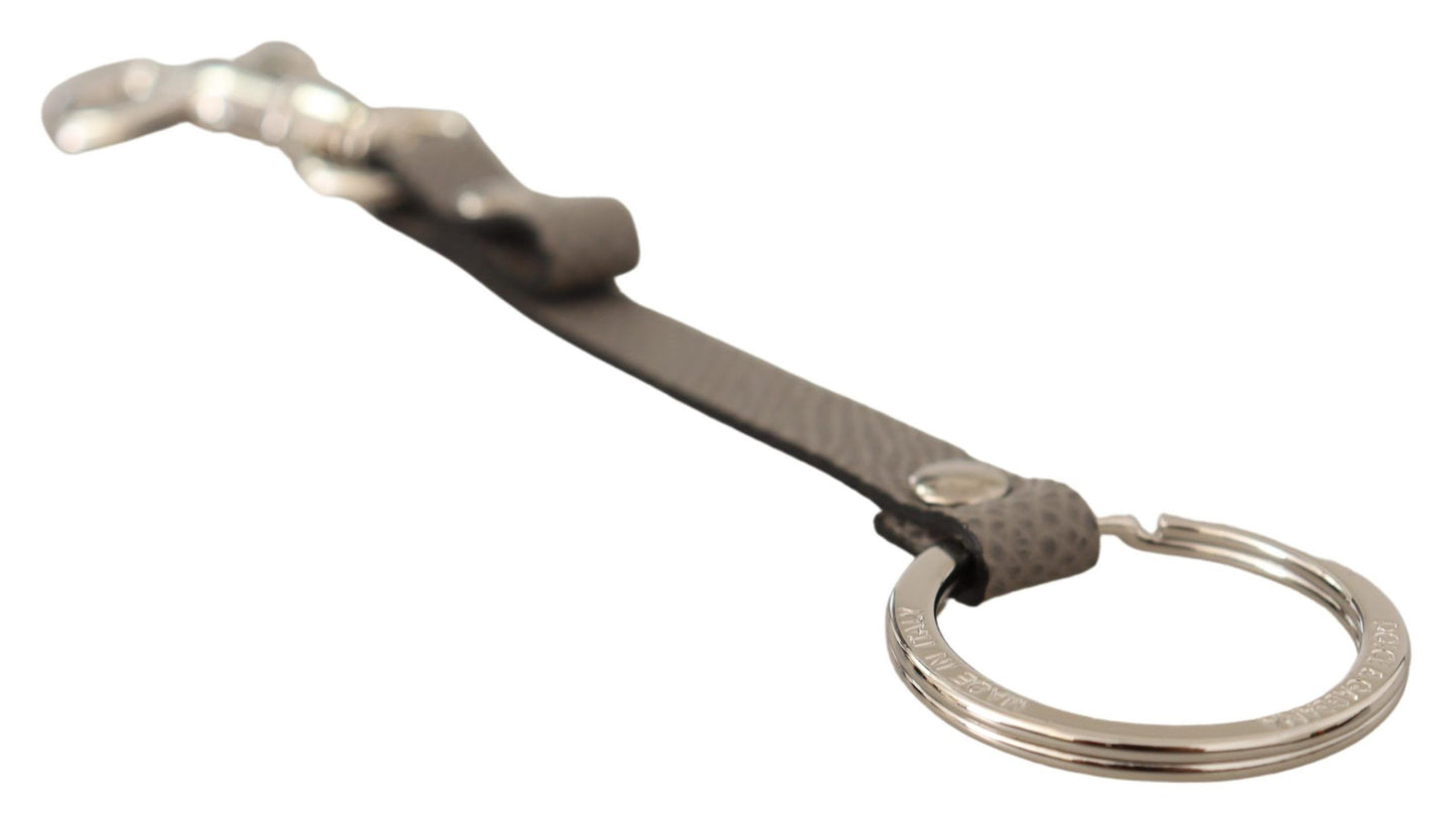Dolce &amp; Gabbana Gray Textured Leather Silver Metal Hook Keychain