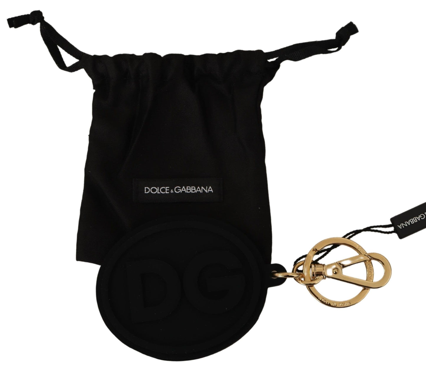 Dolce &amp; Gabbana Black Rubber DG Logo Gold Brass Metal Keyring Keychain