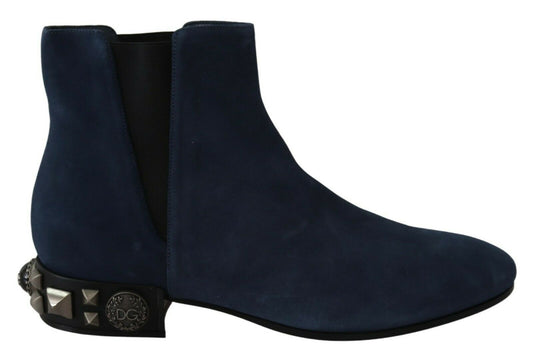 Dolce &amp; Gabbana Blue Suede Embellished Studded Boots Shoes