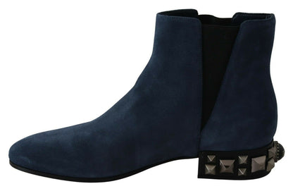 Dolce &amp; Gabbana Blue Suede Embellished Studded Boots Shoes