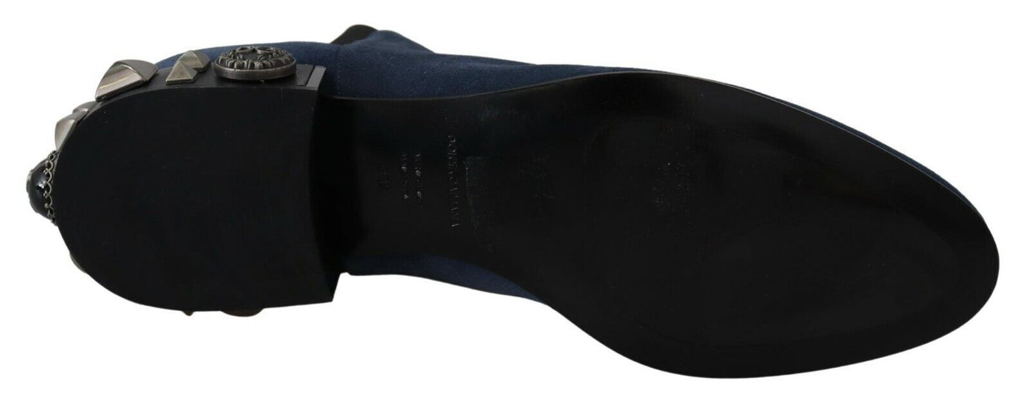Dolce &amp; Gabbana Blue Suede Embellished Studded Boots Shoes