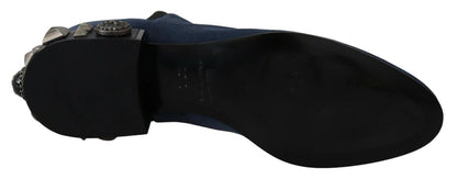 Dolce &amp; Gabbana Blue Suede Embellished Studded Boots Shoes