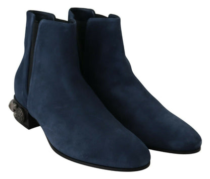Dolce &amp; Gabbana Blue Suede Embellished Studded Boots Shoes