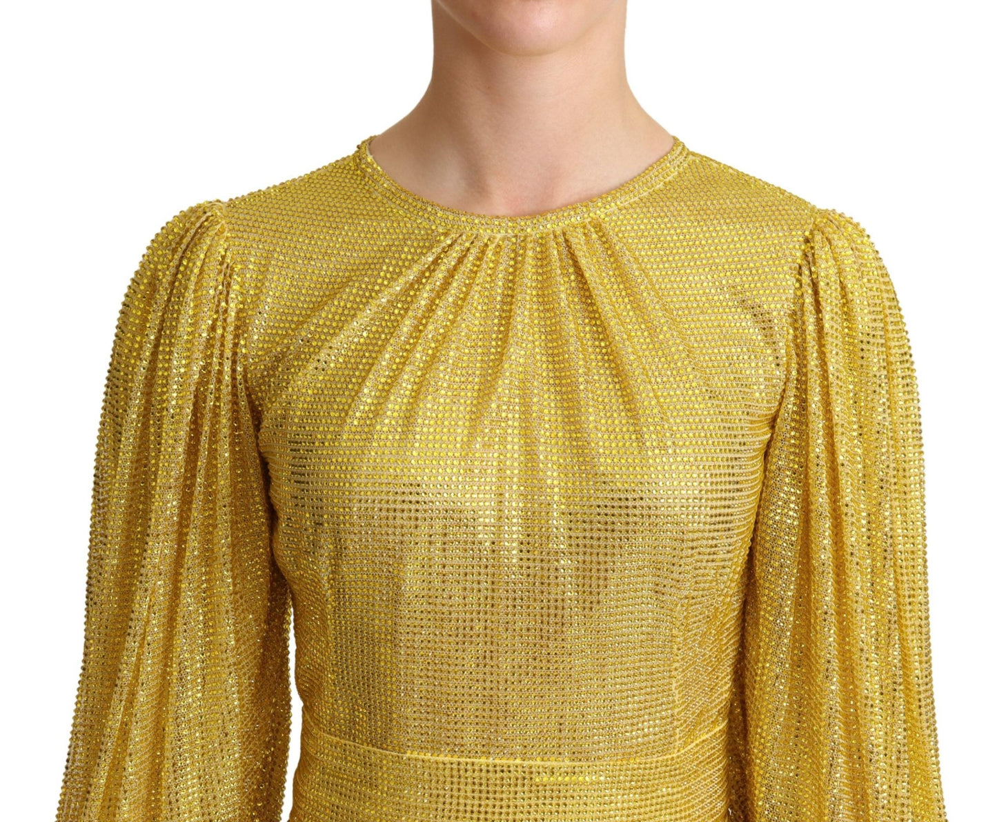 Dolce &amp; Gabbana – Gelbes, plissiertes Maxikleid aus Kristallnetz