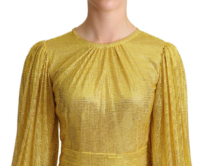Dolce &amp; Gabbana – Gelbes, plissiertes Maxikleid aus Kristallnetz