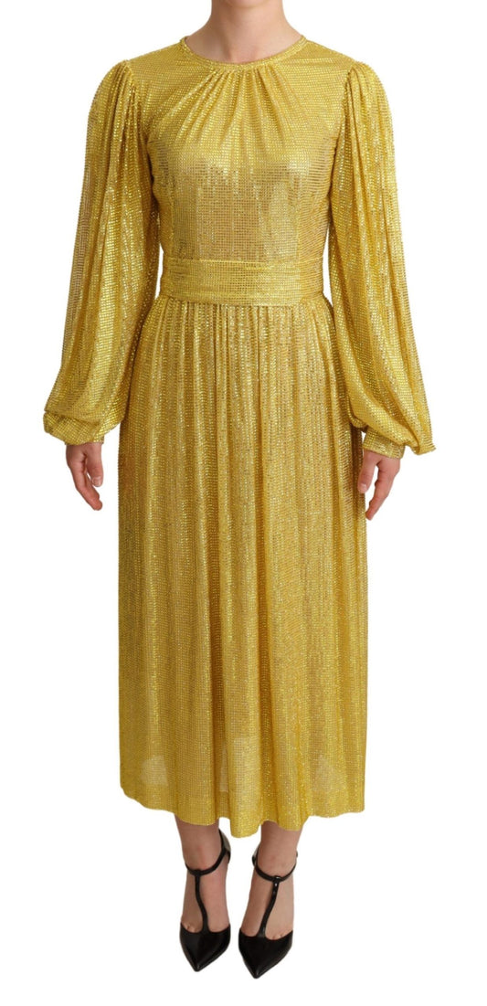 Dolce &amp; Gabbana – Gelbes, plissiertes Maxikleid aus Kristallnetz