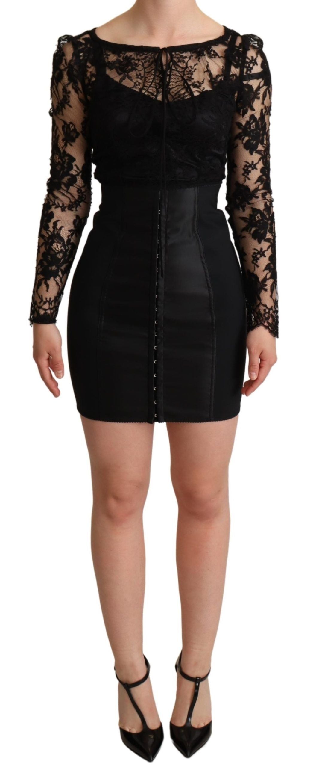 Dolce &amp; Gabbana – Schwarzes, figurbetontes Minikleid mit Spitzenoberteil