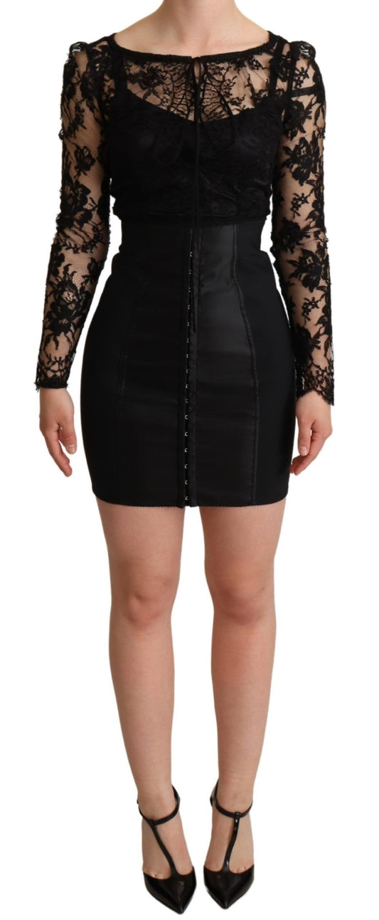 Dolce &amp; Gabbana – Schwarzes, figurbetontes Minikleid mit Spitzenoberteil
