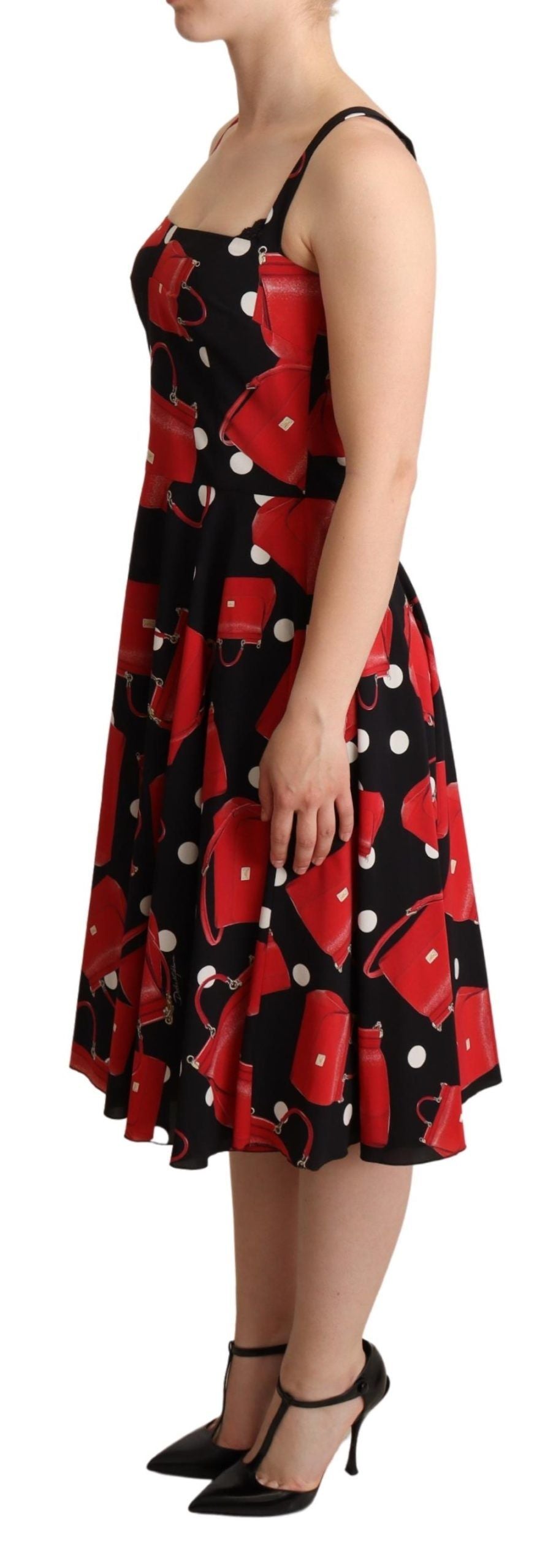 Dolce &amp; Gabbana – Mittellanges A-Linien-Kleid mit schwarzem und rotem Taschendruck